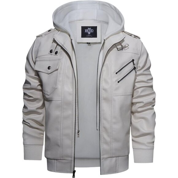 🆕 Hood Crew PU Faux Leather Zipper Jacket Men White Stand Collar Bomber Hood - Picture 5 of 6